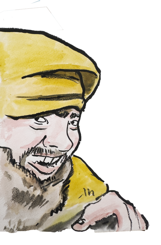 Getekend portret van Lieven Baes met gele pet